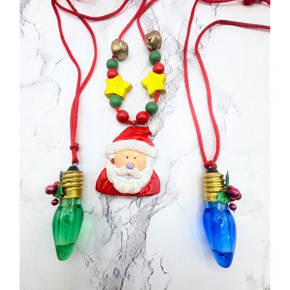 Lot of 3 Ugly Christmas Necklaces Santa Jingle Bells Light Bulb Pendants